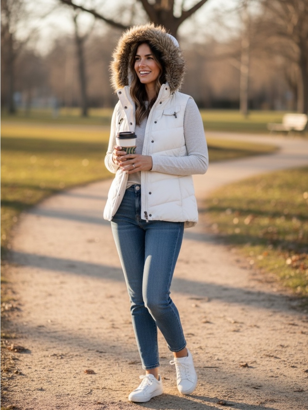 Banana Republic White Puffer Vest Faux Fur Hood Sherpa Lined Size M